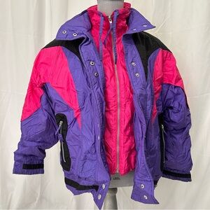 Vintage Puffer Coat Ski Jacket Puffy Color Block Pink Purple Black Small